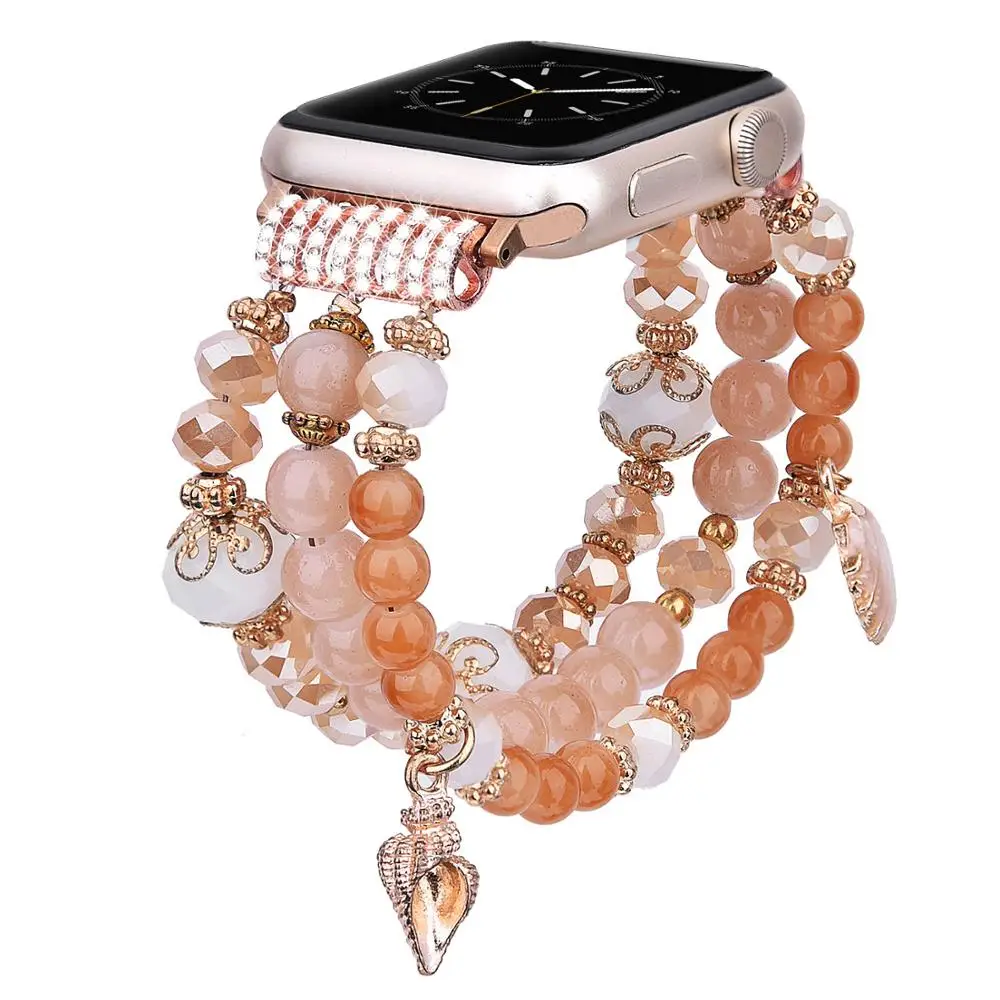 

Fashion Women Girls Jewelry Luxury Elastic Crystal Pearl Bracelet Beaded Watch Bands for Apple Watch Strap, All color is available