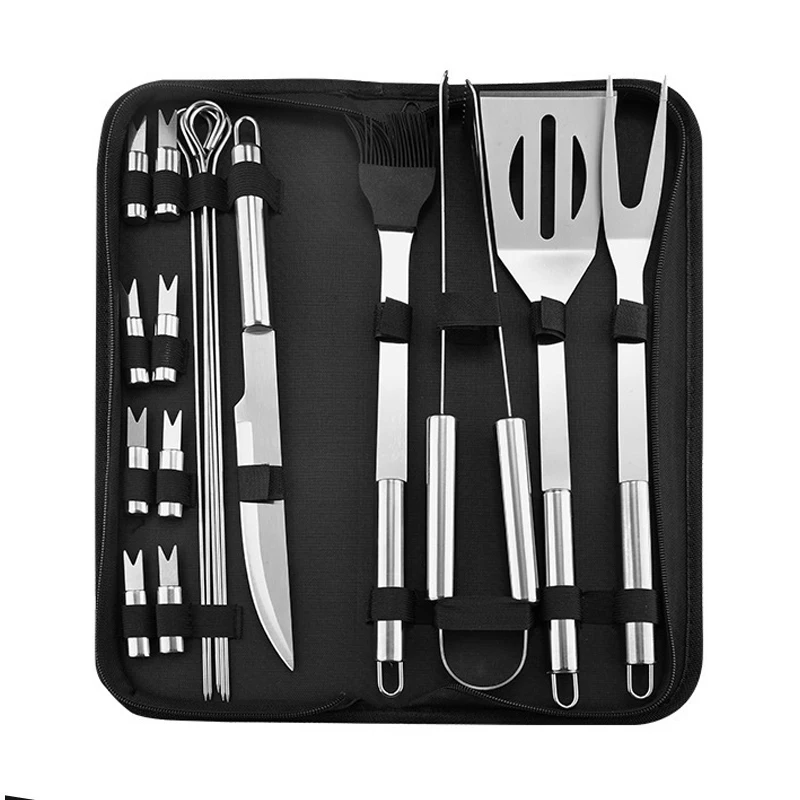 

Amazon Hot Sale Stainless Steel BBQ Tools 18pcs Perfect Outdoor Barbecue Grill Utensils Set with Oxford Fabric Case Package, Sliver