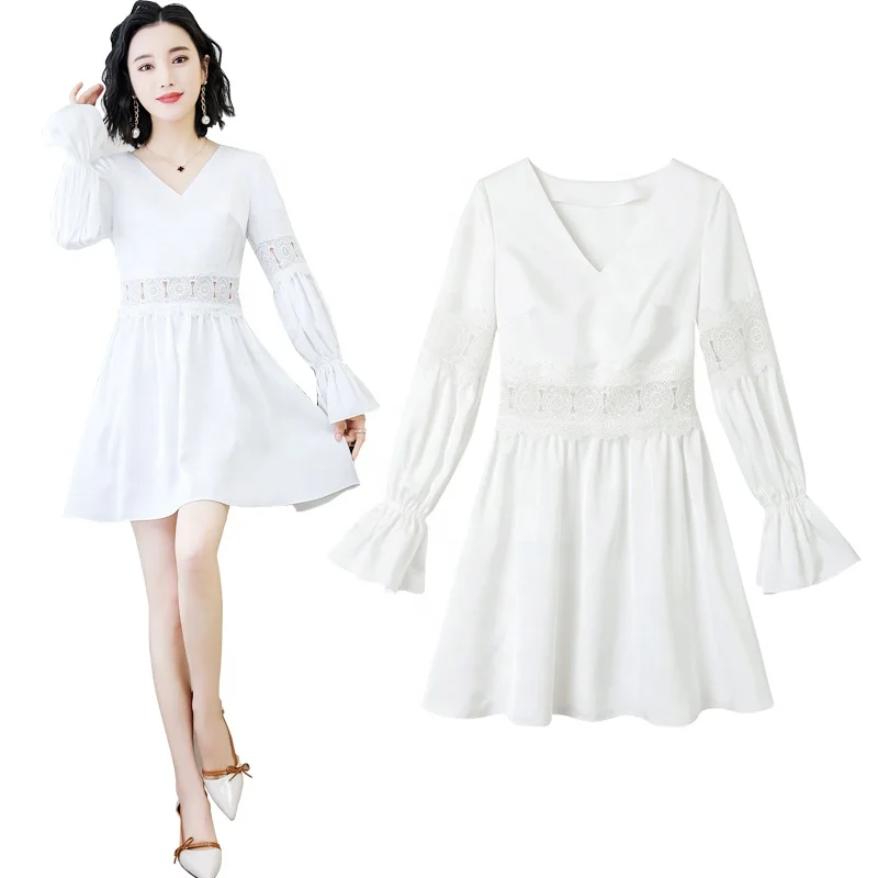 

2019 Spring & Summer Custom 100% Polyester Long Sleaves Above Knee Mini White Casual Dress Lady Dress