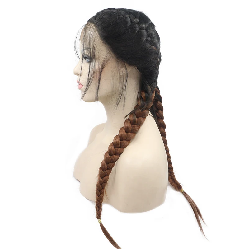 

synthetic braid wig Long Double Braids Black Brown Dark Roots Ombre Blonde Synthetic Braided Lace Front Wig, Black;customized colors