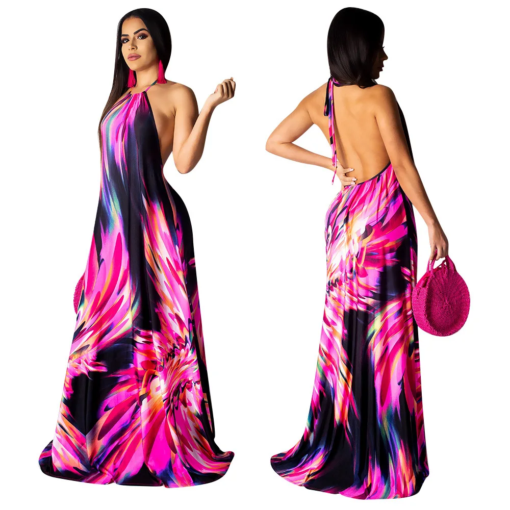 

2019 Casual Ladies Plus Size Milk Silk Halter Maxi Dress Women Long One Piece Clothing Summer Dresses For Party