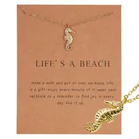 

Personalized Charm Young Girl 14k Gold Plated Hammered Disk Sea Horse Smile Face Pendant Wish Card Necklace For Women