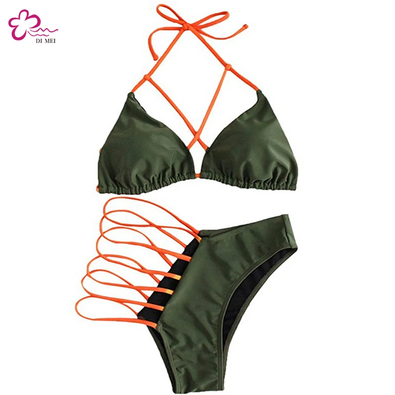 

Strap multiple rope solid color triangle pack cross bikini, Green;blue