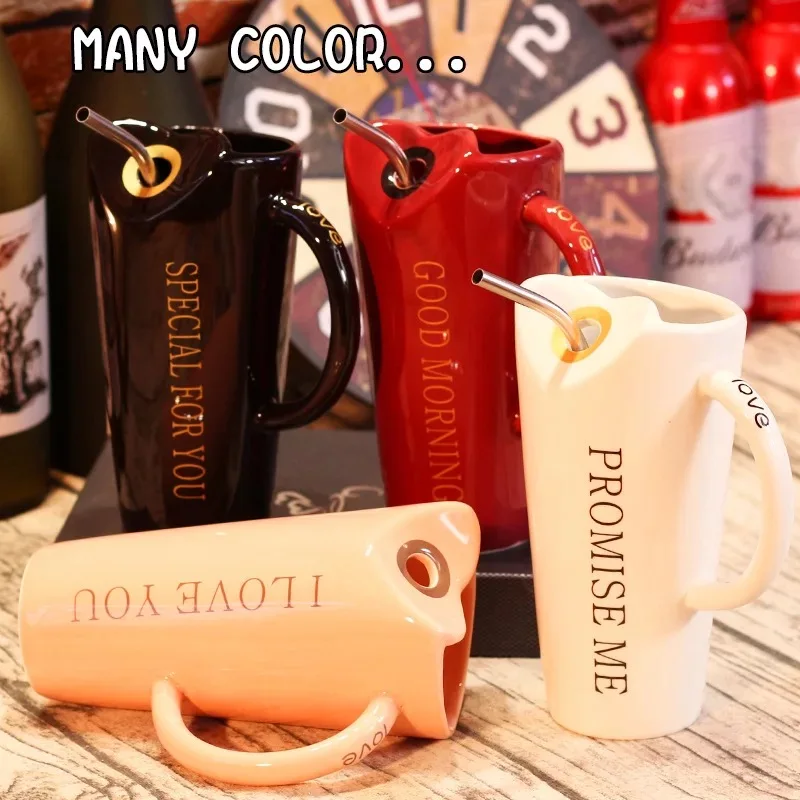 

Nordic creative lovely contracted personality boys and girls breakfast milk mark straw ceramic cup couple