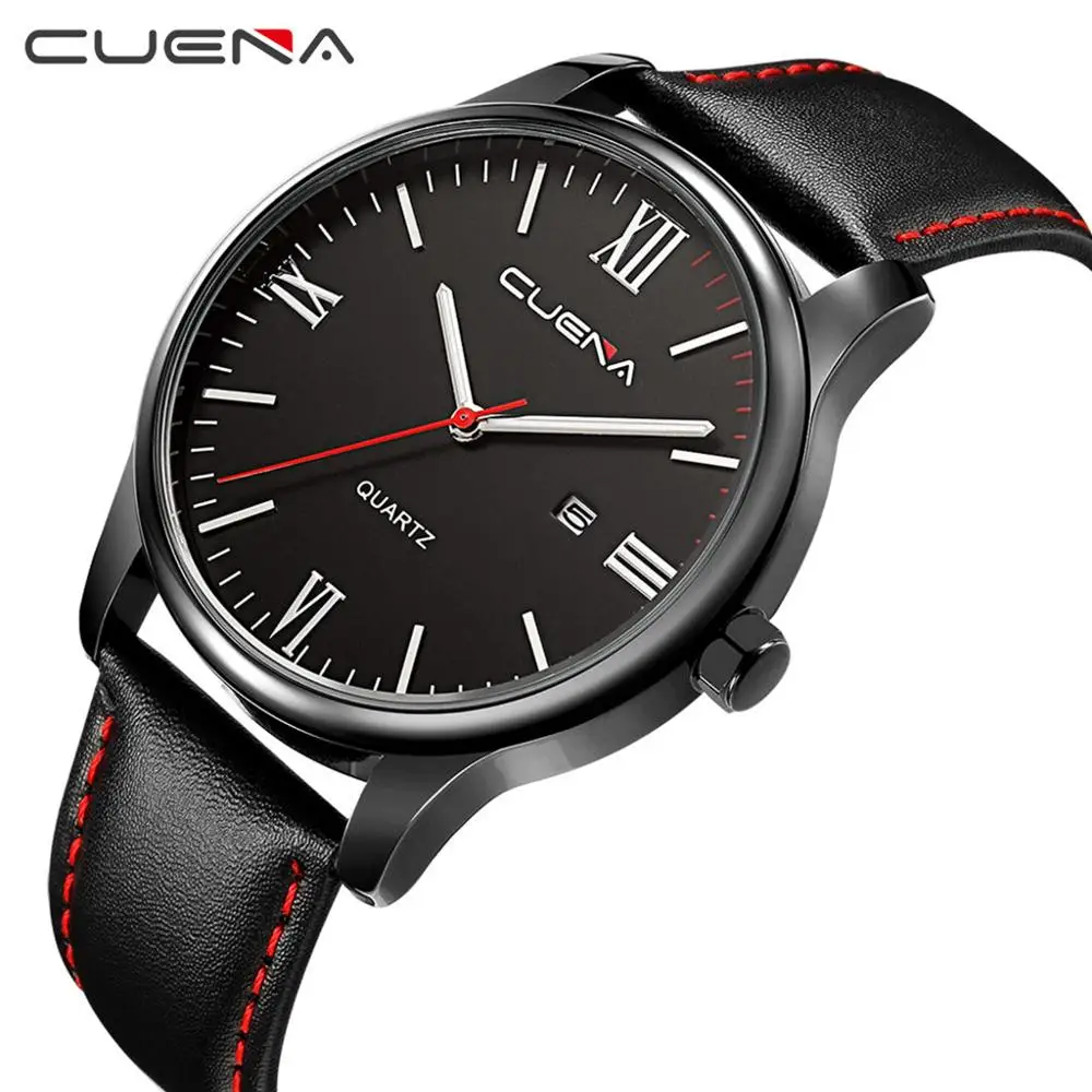 CUENA Men Watch Luxury Faux Leather Blue Ray Glass Quartz With Calen mens watches man watch