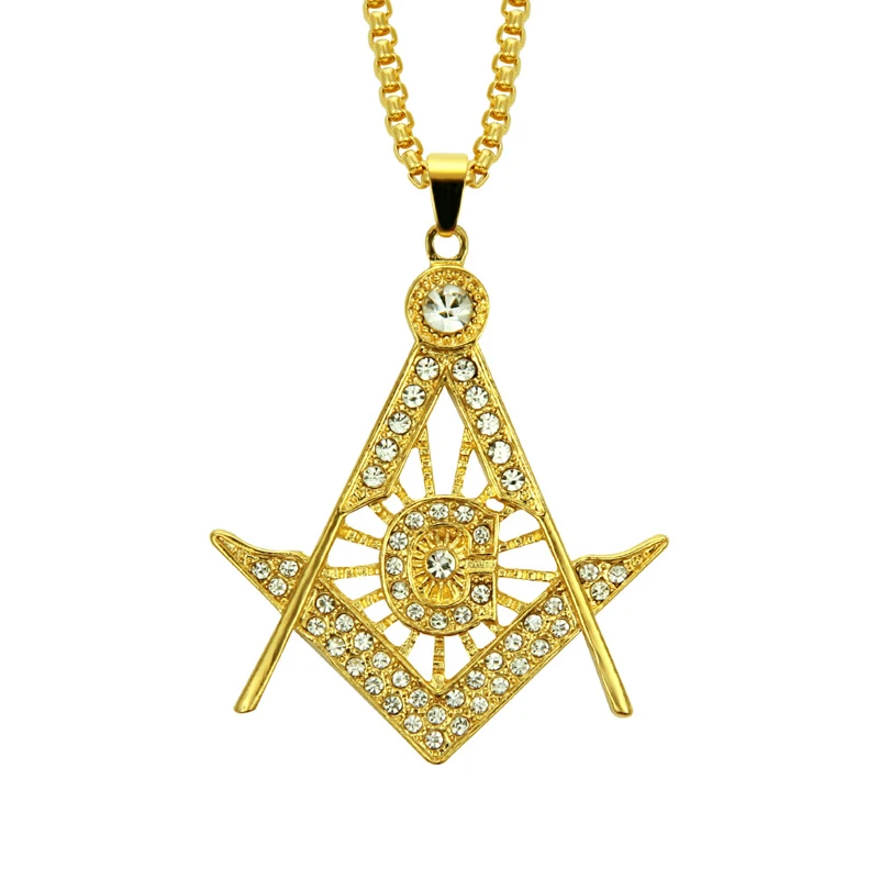 

Hollow Iced Out Crystal Diamond Mason Sign Necklace Silver Gold Cubic Zirconia Bling Freemason Symbol Masonic Necklace, As picture show