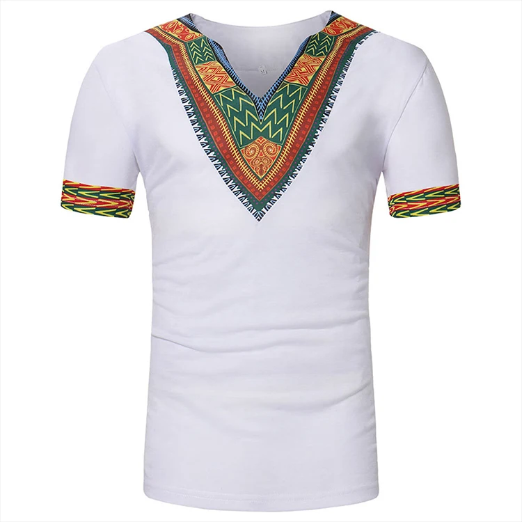 

White V Neck Tribal Print Short Sleeve Cotton T-Shirt For Male, As show