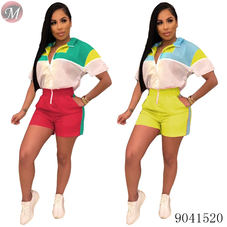 

9041520 Fashionable and casual contrasting color zipper romper
