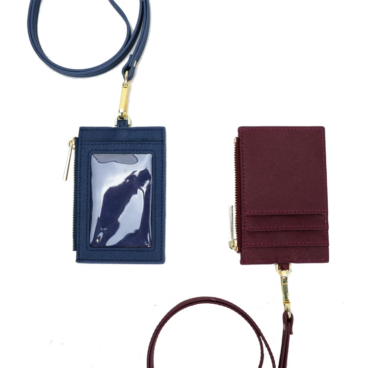 

genuine saffiano leather lanyard work ID card holder with long strap