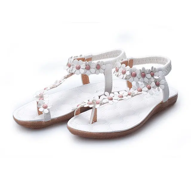 

Fashion Woman White Shoes Women Sandals Pearl Flower Beads Flats Bohemian Chains Thong Gladiator Sandalias Sapatos Femininos