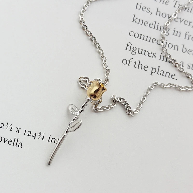 

Pure 925 Silver European American New Design Creative Concise Gold Rose Pendant Necklace Fine Jewelry, N/a