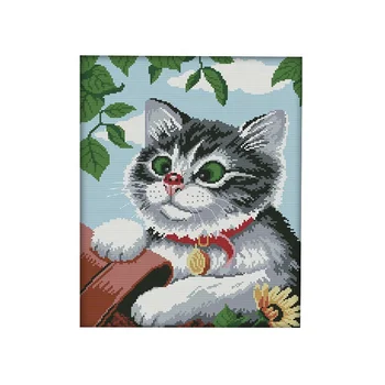 Nkf Indah Kucing Hewan Gaya Bordir Desain Pekerjaan Tangan Cross
