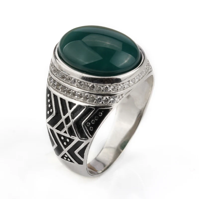

Promotion Pure S925 Sterling Silver Green Agate Stone Men Ring with Clear CZ,Natural Onyx Gemstone Rings for Man Jewelry, White gold /rhodium plated