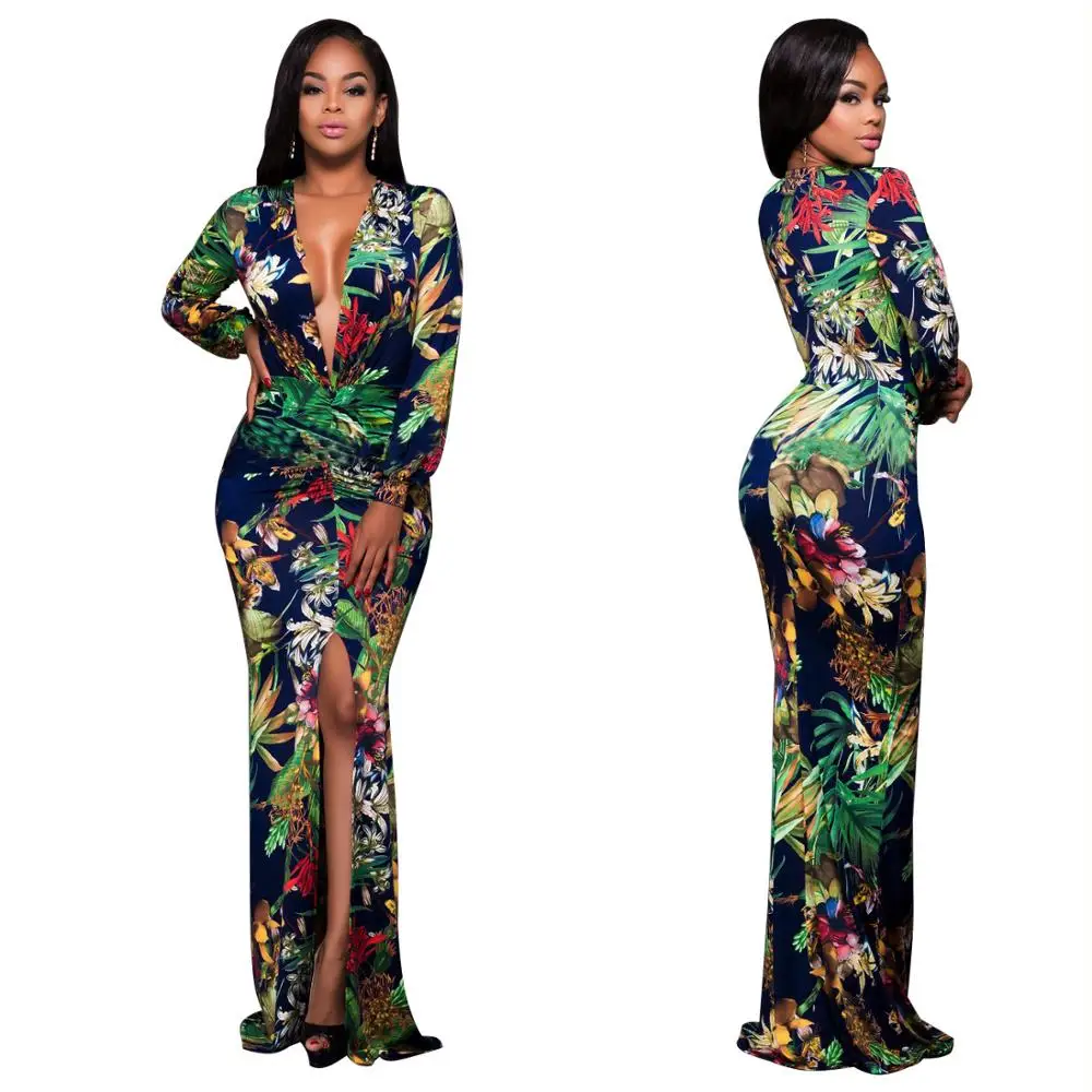 

F20867A European fashion woman long sleeve maxi dress floral printed expanshion skirt deep v neck long dress for women, As picture