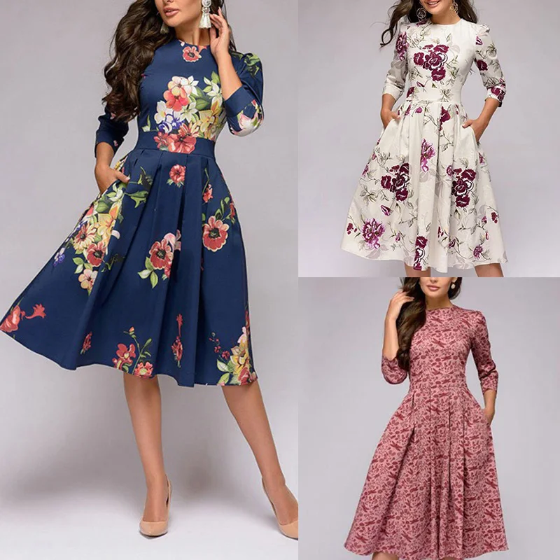 

Women's Vintage A-Line O Neck Three Quarter Sleeve Midi Dress