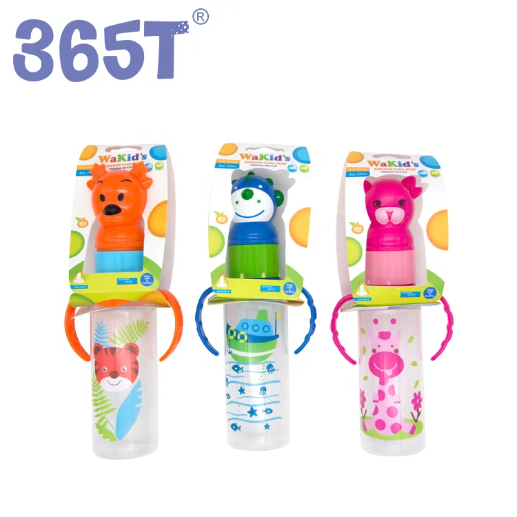 365T wholesale hot sale safety BPA free animal shape stock 240ml baby bottle with handle