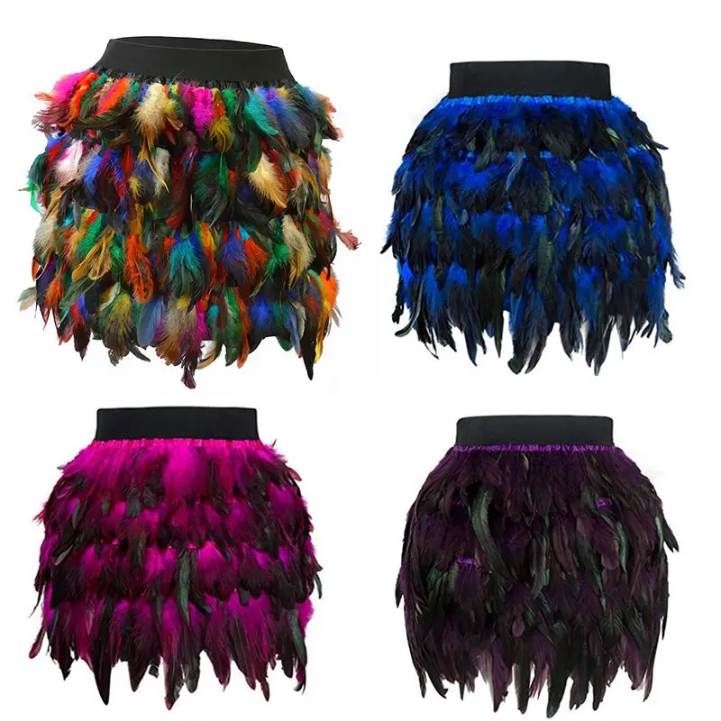 

Ladies Mid Waist A-Line Feather Short Dress Stage Costume Street Skirt