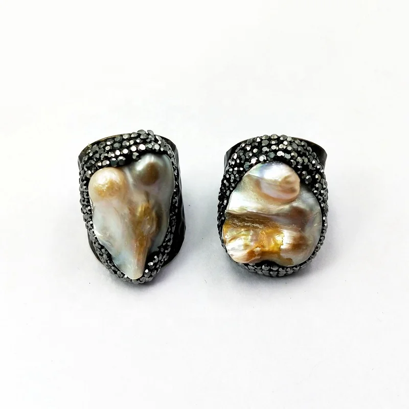 

Natural Baroque pearl Ring Wide Band rhinestone Cuff Ring pearl jewelry bronze rings for women Boho jewelry