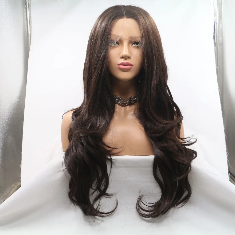 

Medium Brown Synthetic Lace Front Wigs Long Wavy Natural Looking Glueless Lace Front Wig For Women