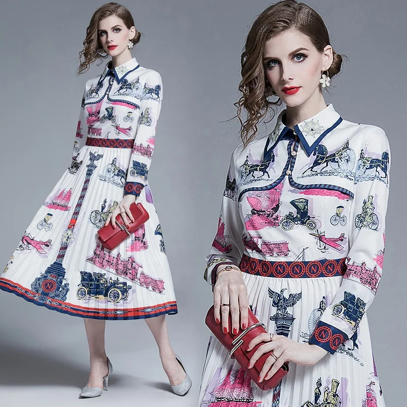 2019 New Arrival Elegant Printed Pleated Maxi Women Dress