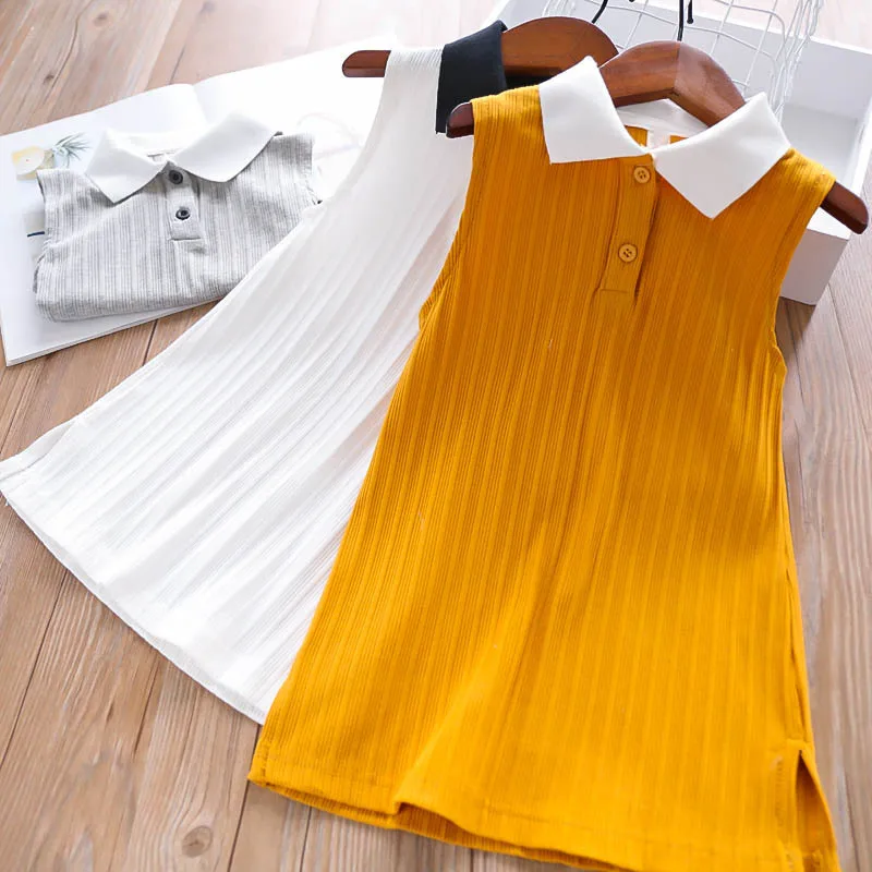 

2019 new Wholesale summer Girls kids solid white gray mustard dress, N/a