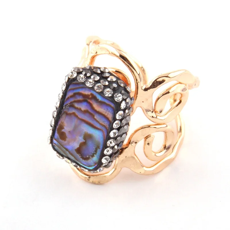 

Women Wedding Ring Gold Irregular Multicolor sea shell Crystal Pave Flower finger ring