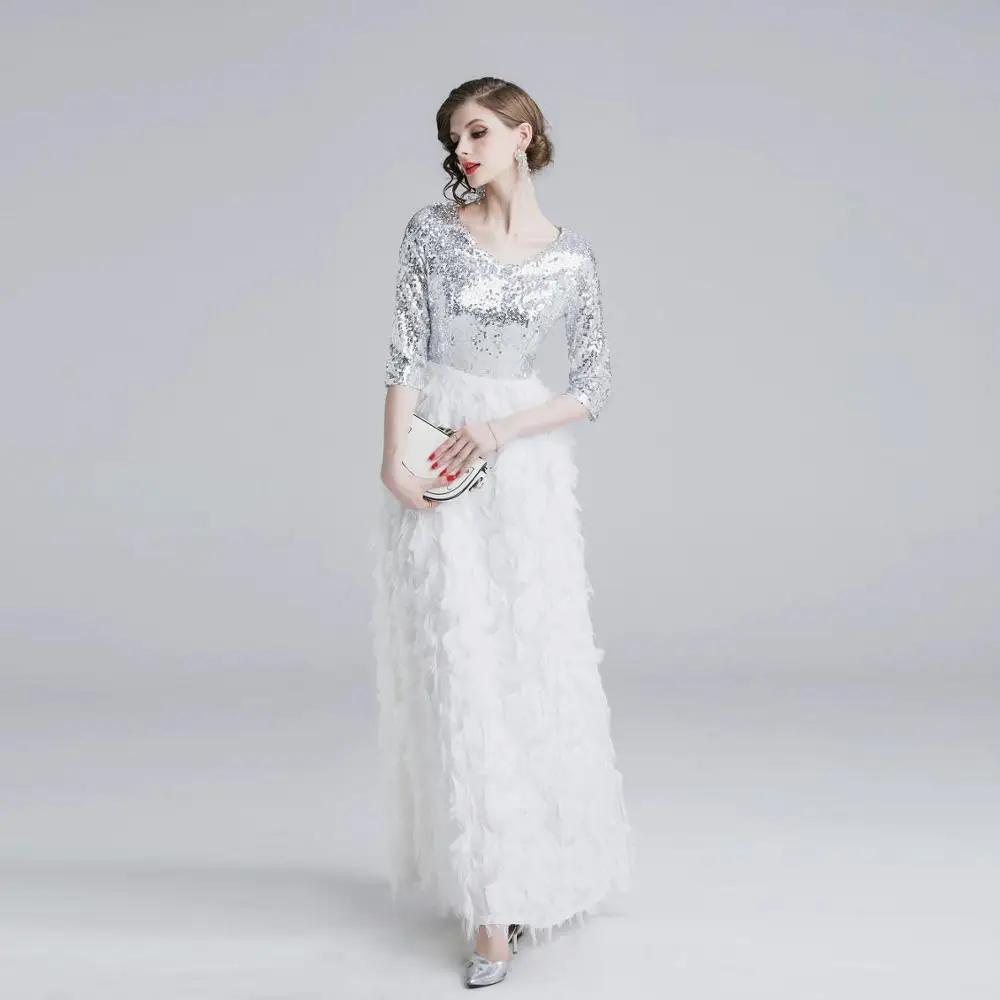 

Hot Sale V Neck Sequin Maxi Ball Gown Women Long Evening Dresses, N/a