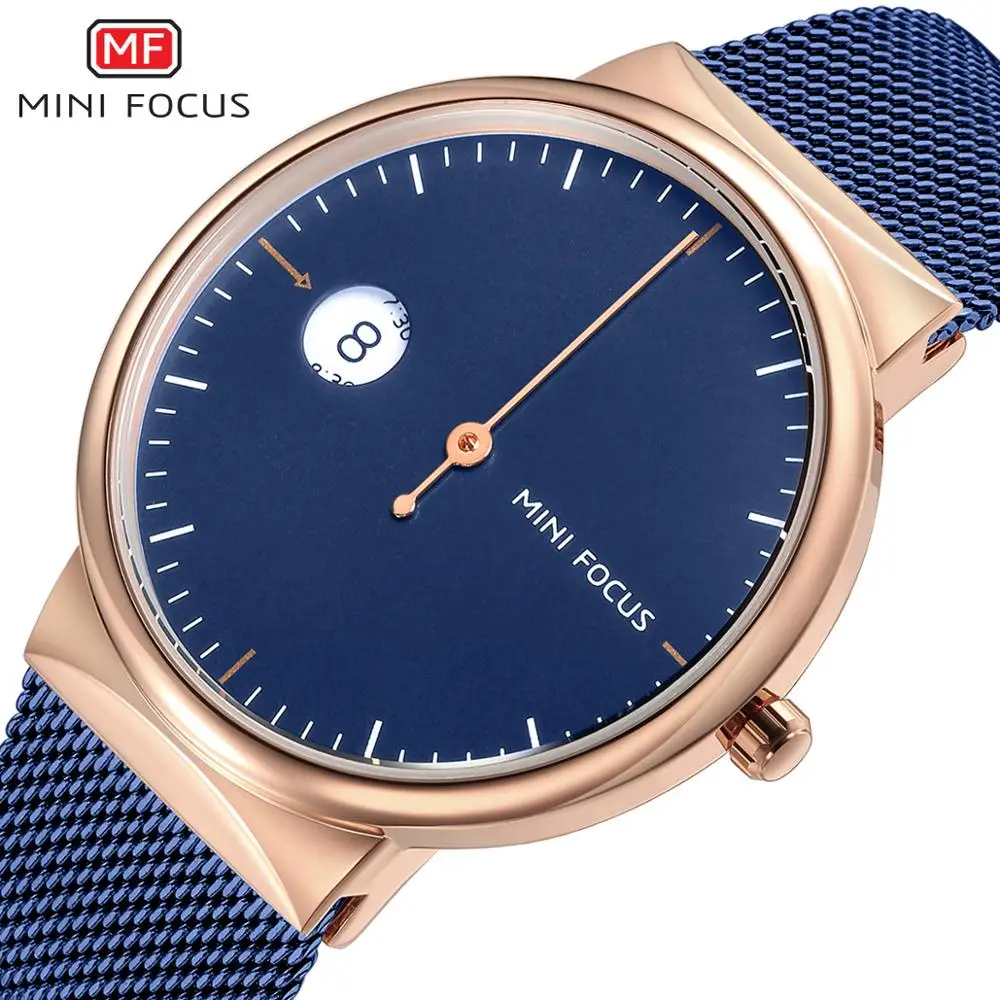 

MINI FOCUS Top Brand Luxury Blue Quartz Watch Men Ultra Thin Mesh Strap Date Display Fashion Unique Single Hand Wristwatches, N/a