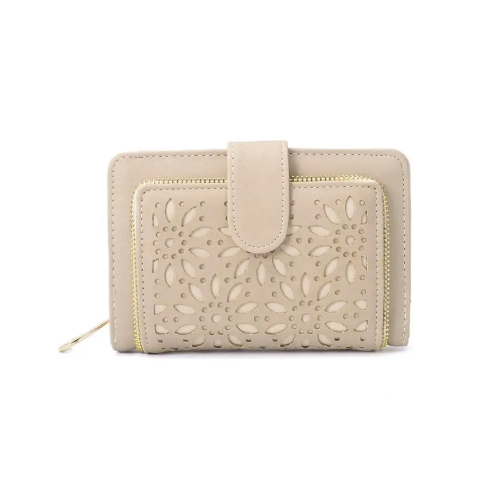 

China supplier fashion design pure color flower hollow out PVC women leather wallet