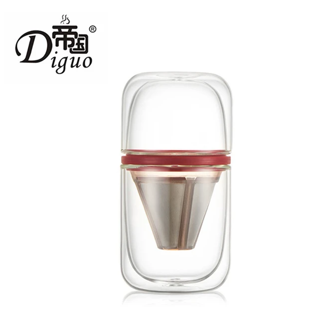 

Diguo 250ml Portable Red Color Heat Resistant Glass Double Layer Tea Coffee Brew Cup With Stainless Steel Mesh