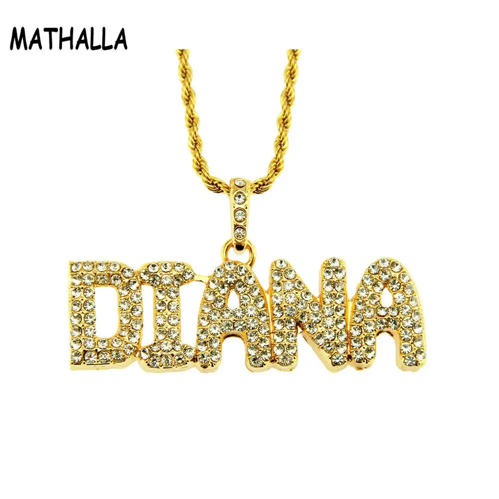 Personalized DIANA Letters Pendant With Rhinestone Long Chain Necklace Gold Plated Iced Out Pendant Joyeria