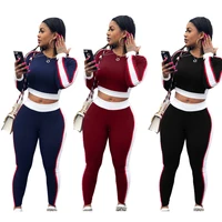 

SAW8051 side striped print long sleeves crop top and stretch pants 2pcs set sports fashion women tracksuit