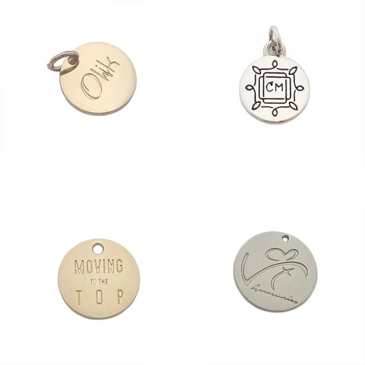 

Custom one hole small engraved logo metal jewelry tags pendant charms for bracelet, Gold;silver;gunmetal;antique brass;etc.