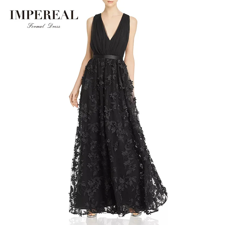 

Deep V Neck And Back Sleeveless Flower Embellished Evening Women Black Grown Dress, Custom color