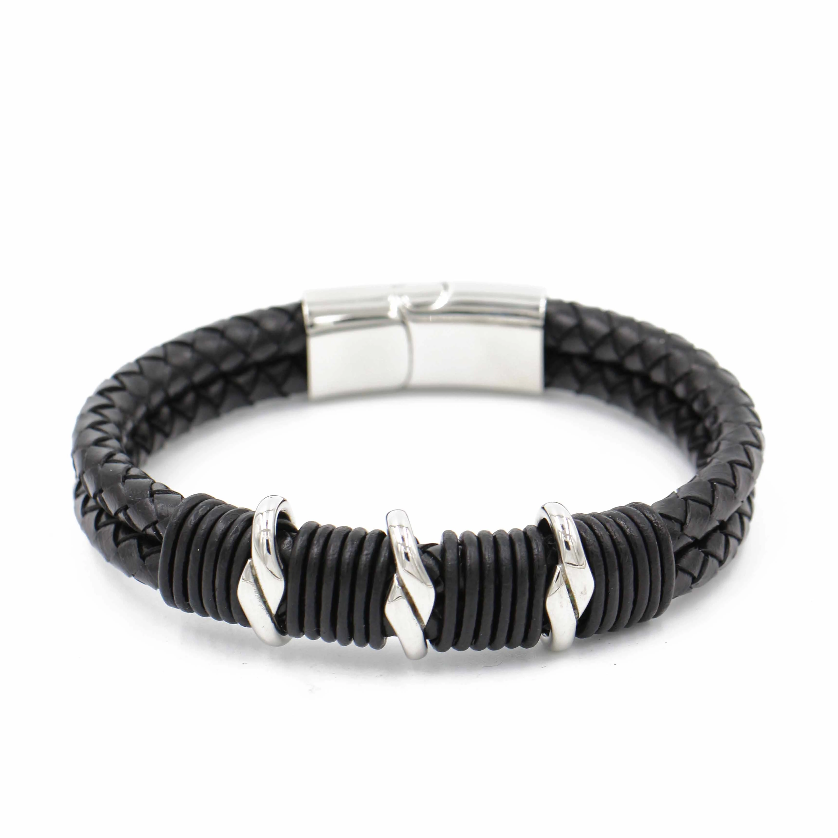 

New Fashion Silver Metal Handcraft Belt Band Magnetic Lock Leather Bracelet Cuff Genuine Cow Leather Bracelet, Picture