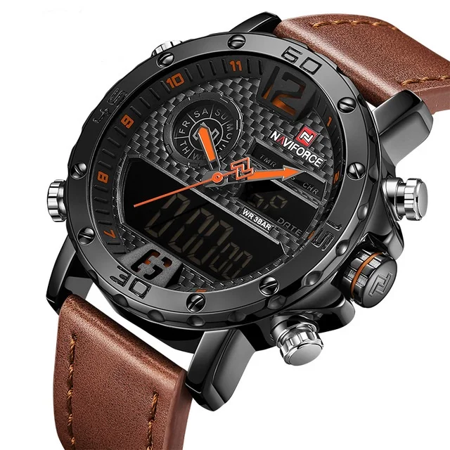 

NAVIFORCE Watch 9134 Mens 2019 Top Brand Luxury Sport Watch Men Leather Strap Waterproof Dual Display Clock WristWatches, 4-color