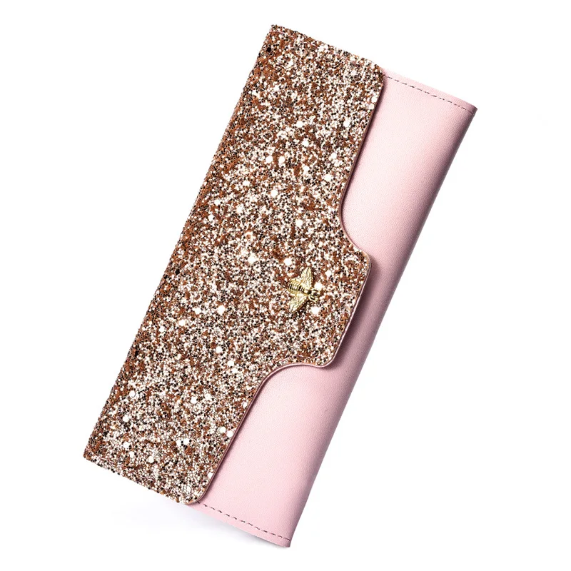 

YS-W011 Fashion long three fold sequins wallet PU leather designer women purse monederos para mujer