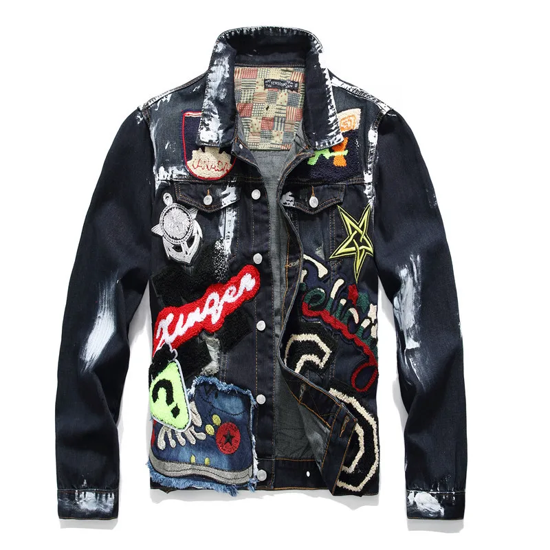 

3005 New Fashion Cheap Price,Paint Badge Patch Dark Blue Denim Jacket Factory From China