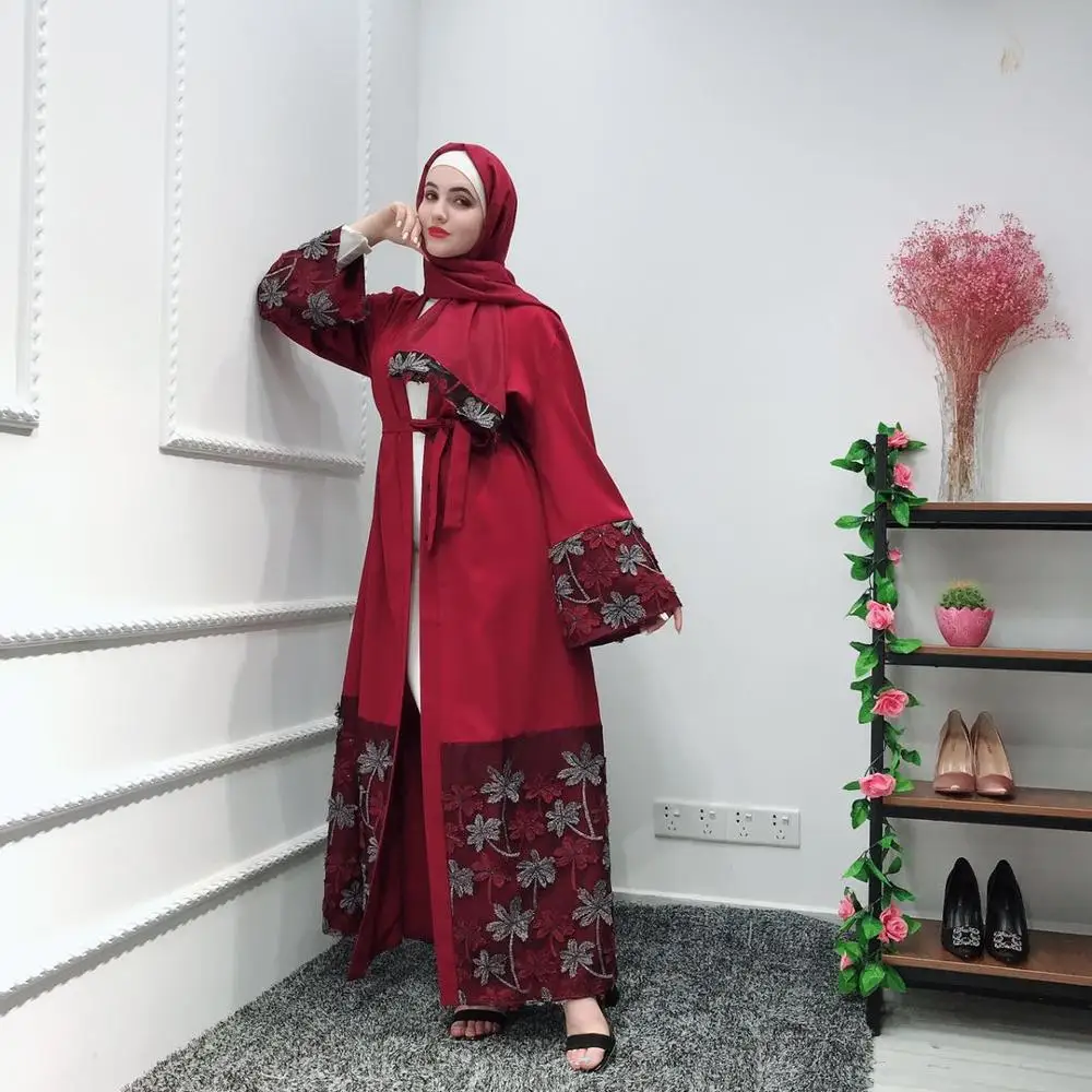 

2019 Latest Muslim Dress Flower Embroidery Kimono Abaya open abaya, Navy;wine red
