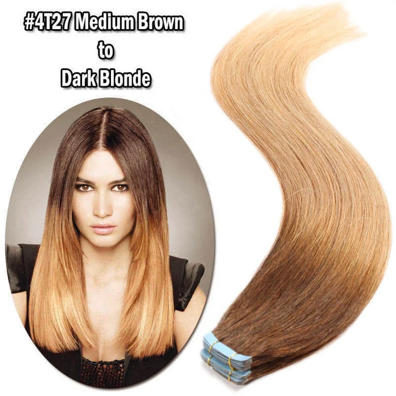 

New fashion 4T27 medium brown to dark blonde invisible ombre remy tape hair extension