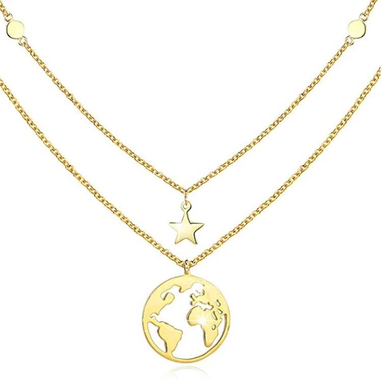

18K Gold Plated Layered Chain Star Pendant World Map Chocker Necklace, Gold(also accept customized)