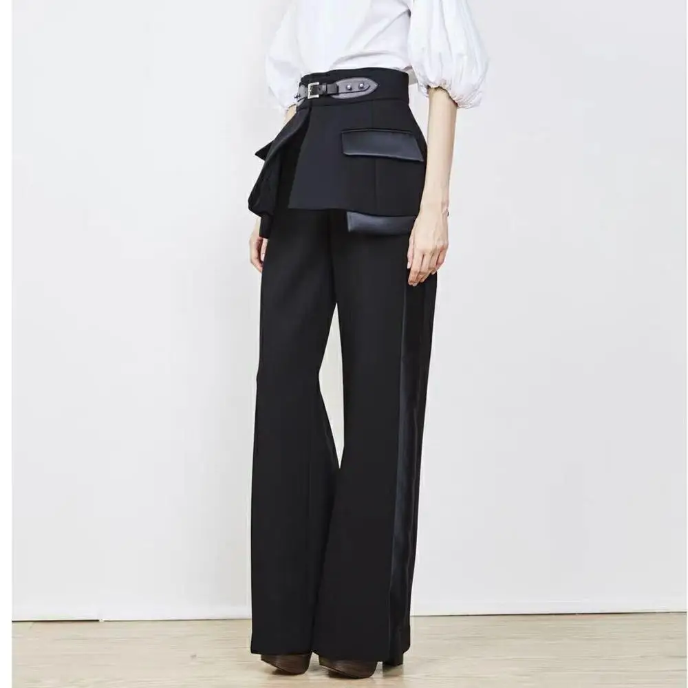 

A line belt skirt Pant set Women black Pant Summer Female High Waist fashion Stylish straight Trouser A2799
