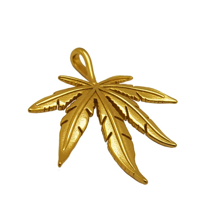 Amazon New Hiphop 24K Yellow Gold Jewelry Men's Stainless Steel Punk Cannabis Weed Herb Leaf Pendant Necklace