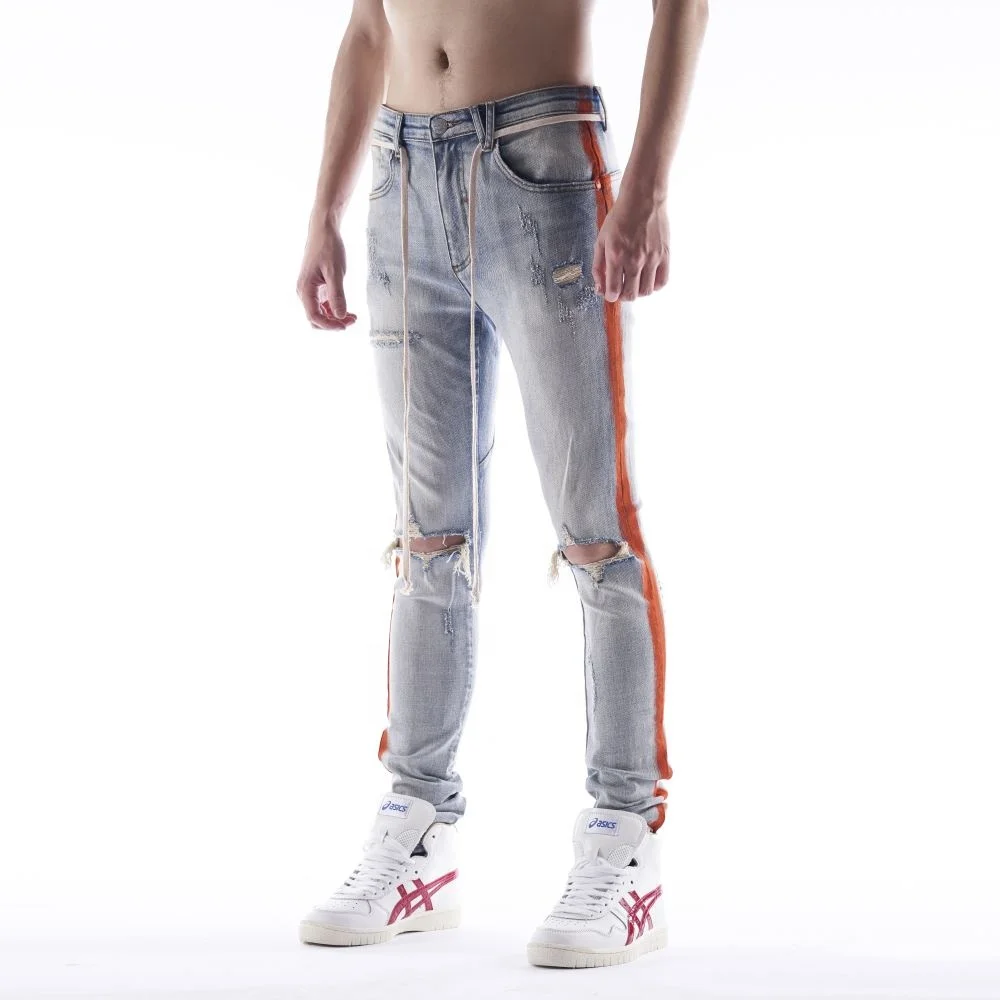 

DiZNEW Distressed Track Denim Wholesale Men Side Print Jeans