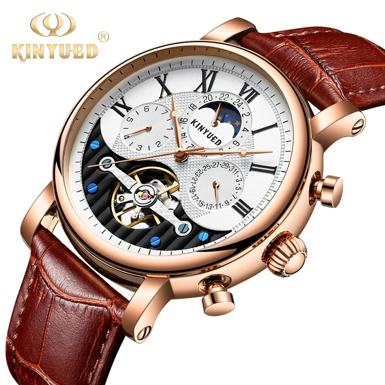 

KINYUED Auto Date Genuine Leather Strap Minimalist Watch Hand Watch Male Tourbillon Watch Men