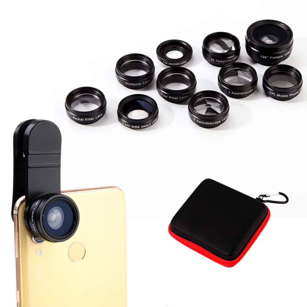 

Deetin 10 in 1 kit 0.63X Wide Angle Fisheye 15X Macro Telephoto CPL kaleidoscope mobile phone camera lens for smartphone, Black