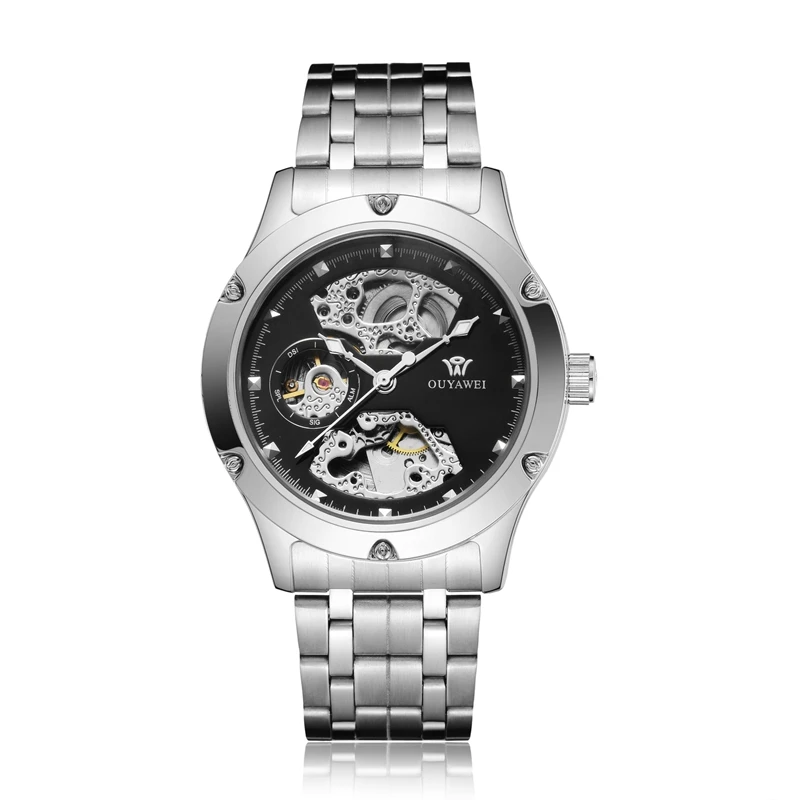 

OUYAWEI 1321 Brand Luxury Men Wrist Watches Silver Stainless Steel Waterproof Skeleton Steampunk Dial Mechanical Automatic Watch