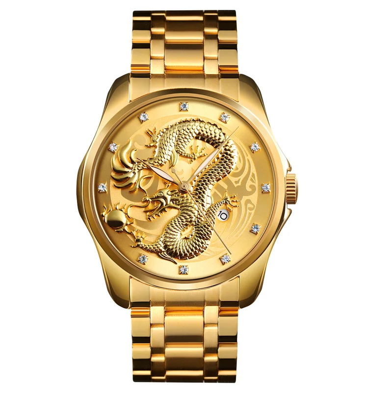 

SKMEI luxury dragon watch man gold stainless steel back water resistant watch wrist quartz