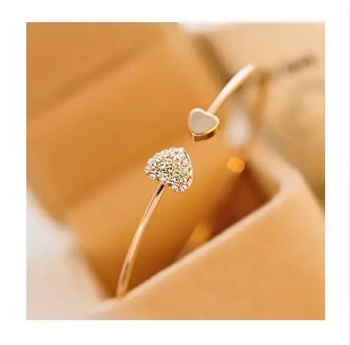 

Women Jewelry Gift Mujer Pulseras Hot New Fashion Adjustable Crystal Double Heart Bow Bilezik Cuff Opening Bracelet