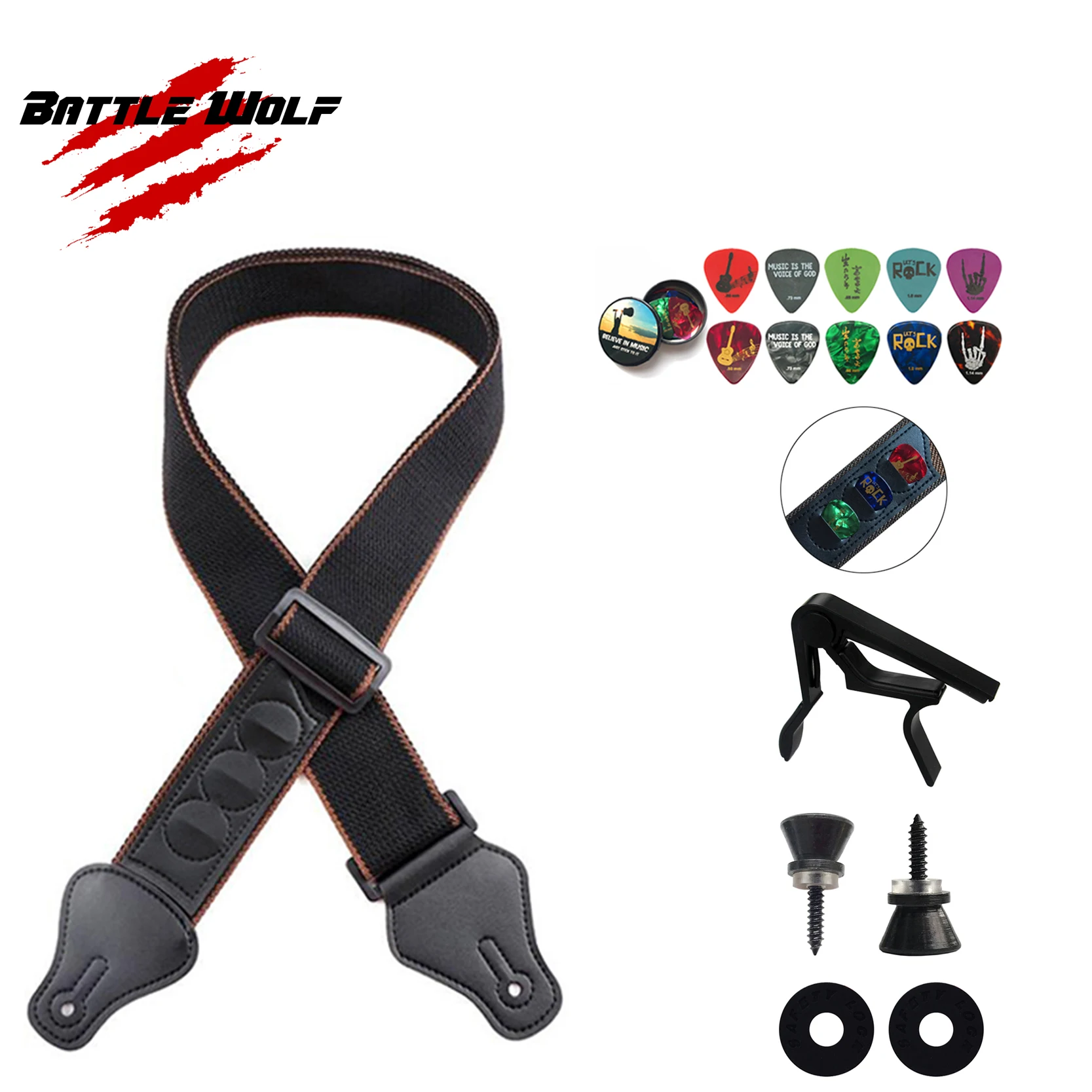 

High Quality Guitar Accessories Electric Set Cotton Acoustic Guitar Strap With Pick Holder Capo Metal Strap Lock, Black